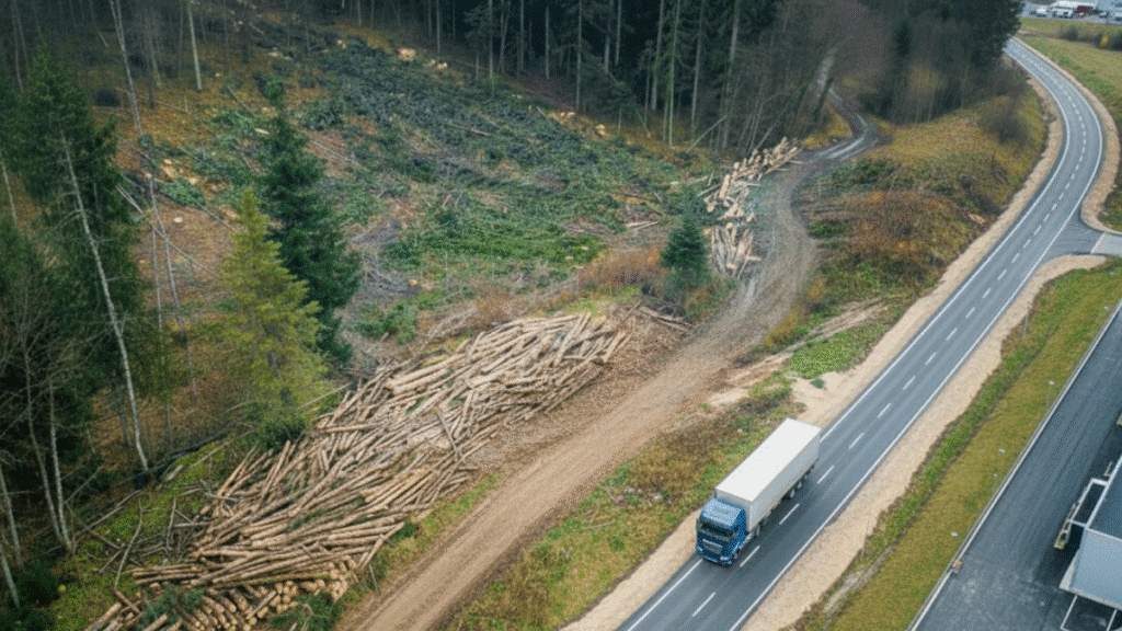 Zdjęcie przedstawia ciężarówkę przewożącą drewno, jadącą drogą w pobliżu wyciętego fragmentu lasu, gdzie składowane są pnie drzew.