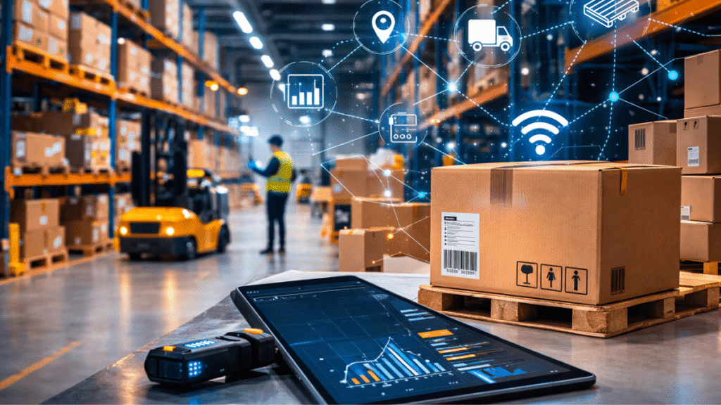 Na zdjęciu przedstawiono nowoczesny magazyn wykorzystujący rozwiązania technologiczne wspierające logistykę. W hali widoczne są wysokie regały z towarem, palety z kartonami oraz pracownik magazynu. Na pierwszym planie znajduje się tablet z wykresami i danymi oraz urządzenie do skanowania. Nad przestrzenią magazynową umieszczono graficzne symbole Wi-Fi, lokalizacji, transportu i analizy danych, podkreślające wykorzystanie technologii IoT w zarządzaniu procesami logistycznymi.