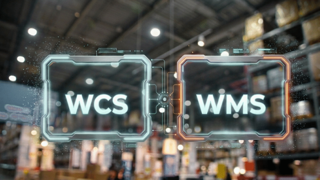 Na grafice przedstawiono porównanie dwóch kluczowych systemów wykorzystywanych w nowoczesnej logistyce magazynowej – WCS (Warehouse Control System) oraz WMS (Warehouse Management System). Na pierwszym planie widoczne są dwa podświetlone, cyfrowe panele z oznaczeniami „WCS” i „WMS”, połączone ze sobą graficznym elementem symbolizującym współpracę i wymianę danych między systemami. W tle znajduje się nowoczesny magazyn wysokiego składowania z regałami oraz rozmytymi elementami infrastruktury logistycznej.