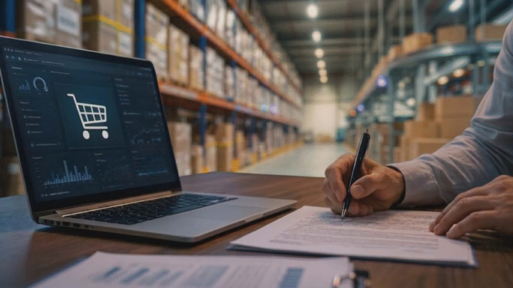 Na grafice przedstawiono proces obsługi zwrotów w e-commerce z perspektywy logistyki magazynowej. Na pierwszym planie znajduje się laptop z wyświetlonym panelem systemu sprzedażowego lub logistycznego, na którego ekranie widoczna jest ikona koszyka zakupowego oraz dane dotyczące zamówień. Obok osoba wypełnia dokumentację związaną z obsługą procesu, co symbolizuje zarządzanie zwrotami i organizację pracy magazynu. W tle widoczny jest nowoczesny magazyn wysokiego składowania z regałami pełnymi towarów, podkreślający znaczenie sprawnej logistyki i cyfrowego zarządzania przepływem produktów.